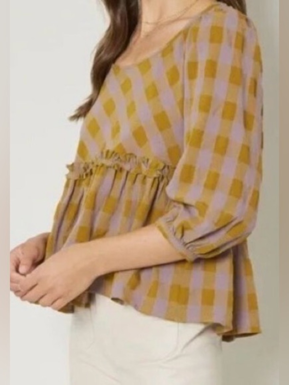 Checked Ruffle Empire-Waist Peasant Top, Mustard & Lavender (Sz M) Ptp 16”-16.5”
